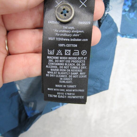 Ted Baker Shirt Short Sleeve Slim Fit Floral Button Down Blue Medium - Picture 5 of 10